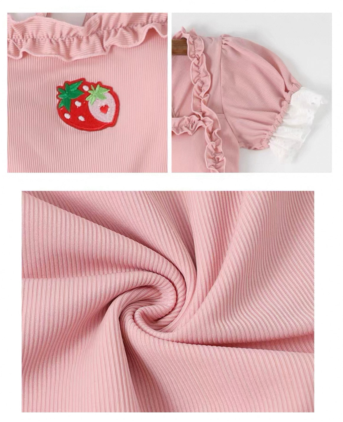 Kawaii Puff Sleeve Strawberry Embroidery One-Piece Swimsuit Korean Style Ruffle Swimwear