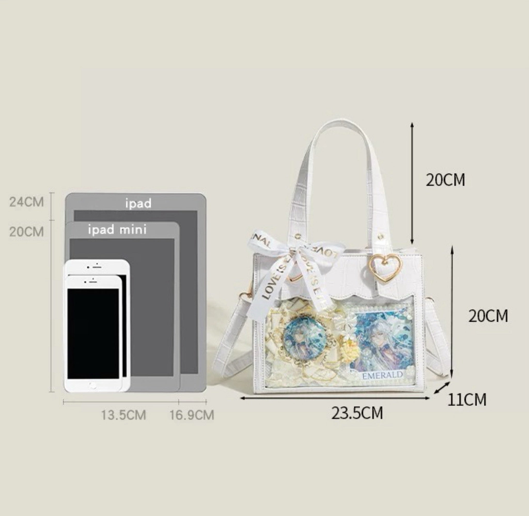 Kawaii Ita Bag with Heart Charms Croc Pattern PU Leather Anime Pin Display Shoulder Tote