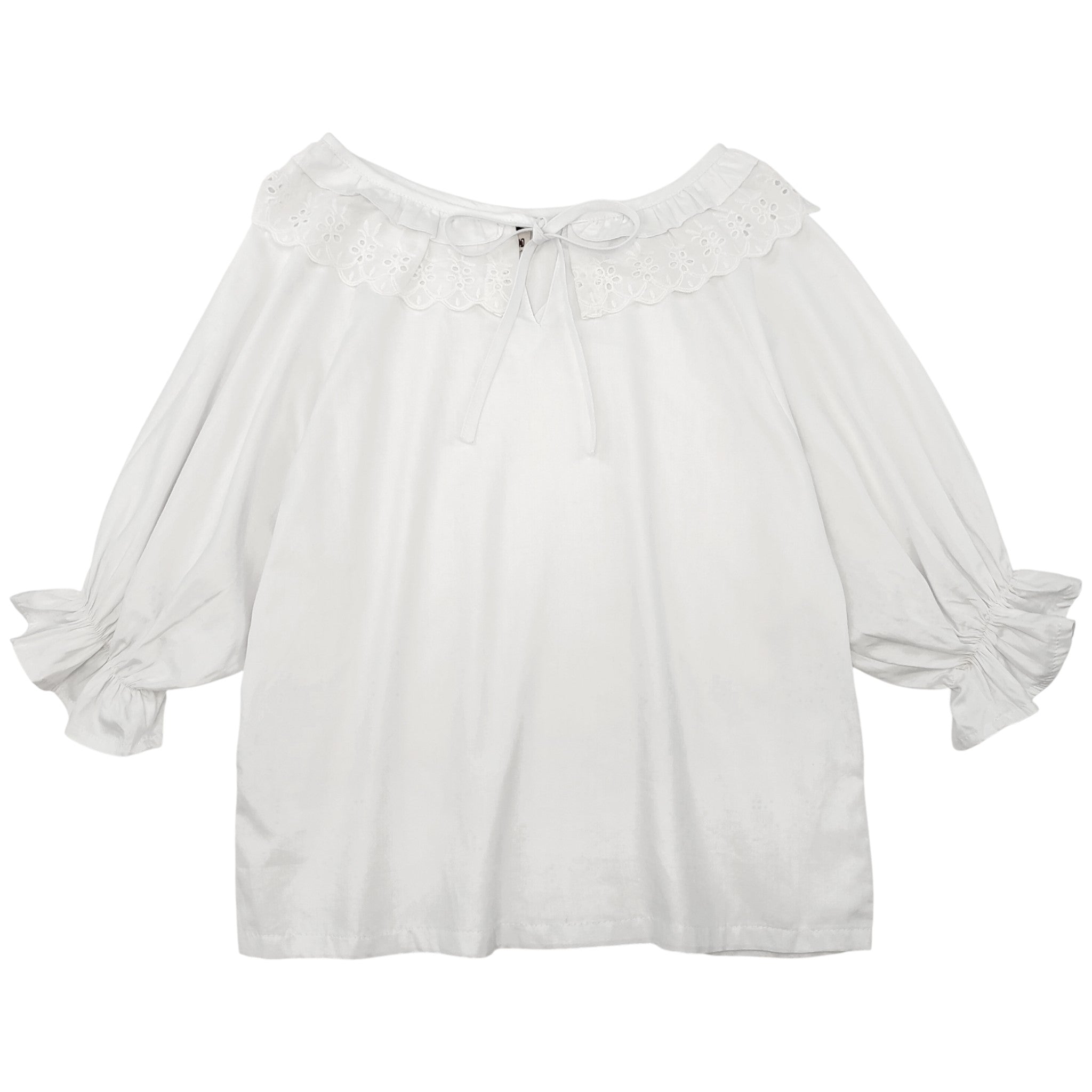 White off-shoulder blouse with lace neckline and puff sleeves — vintage cottagecore lolita top for women.