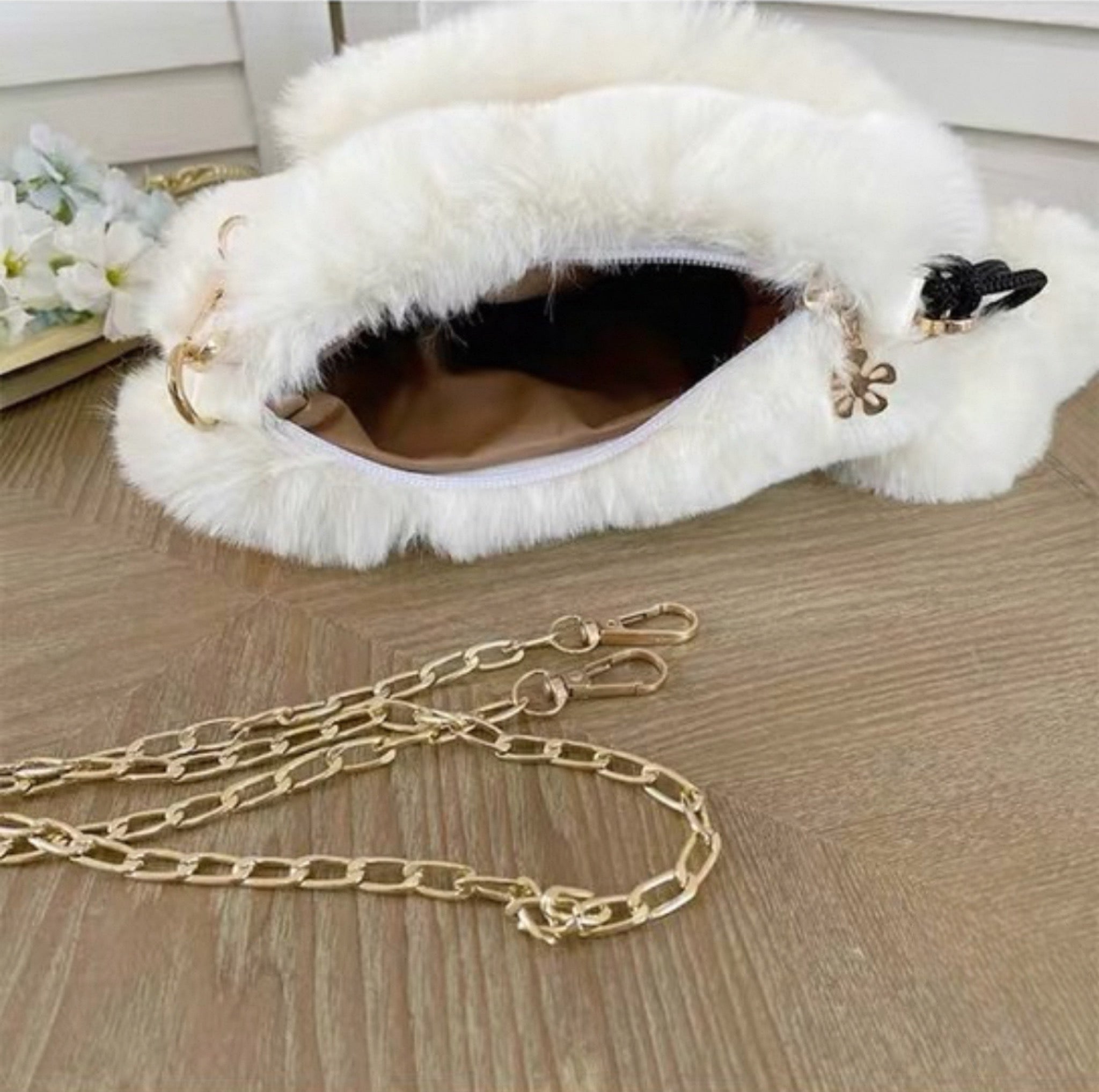 Cute Furry Heart Shoulder Bag with Bow and Star Charm Soft Plush Lolita Style Handbag