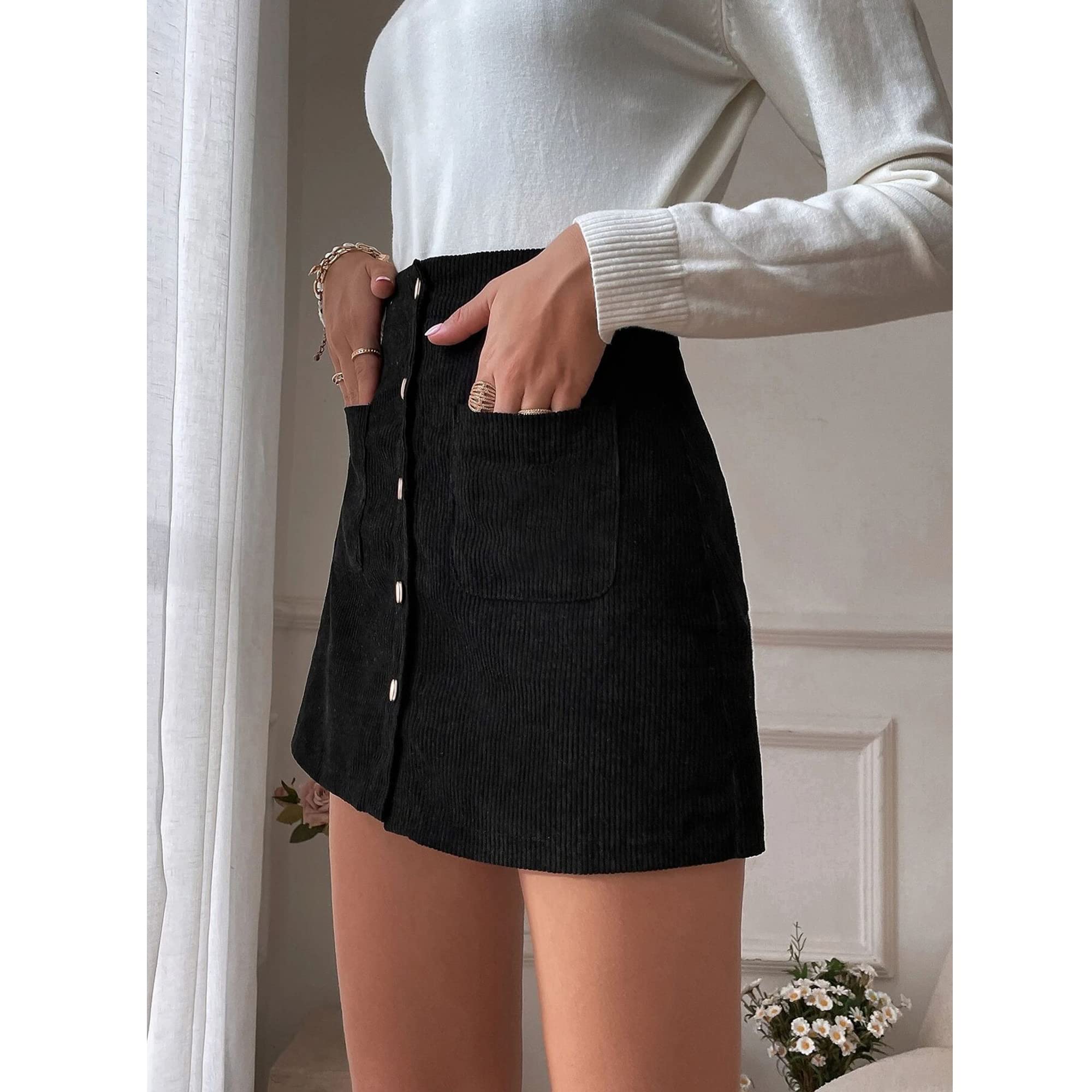 Black Short Corduroy Skirt For Ladies With Buttons Pockets A-line Skirts Casual