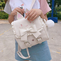 Women Lolita Backpack White Lovely Cat Embroidery Big Bowknot Sweet Cartoon PU Bag