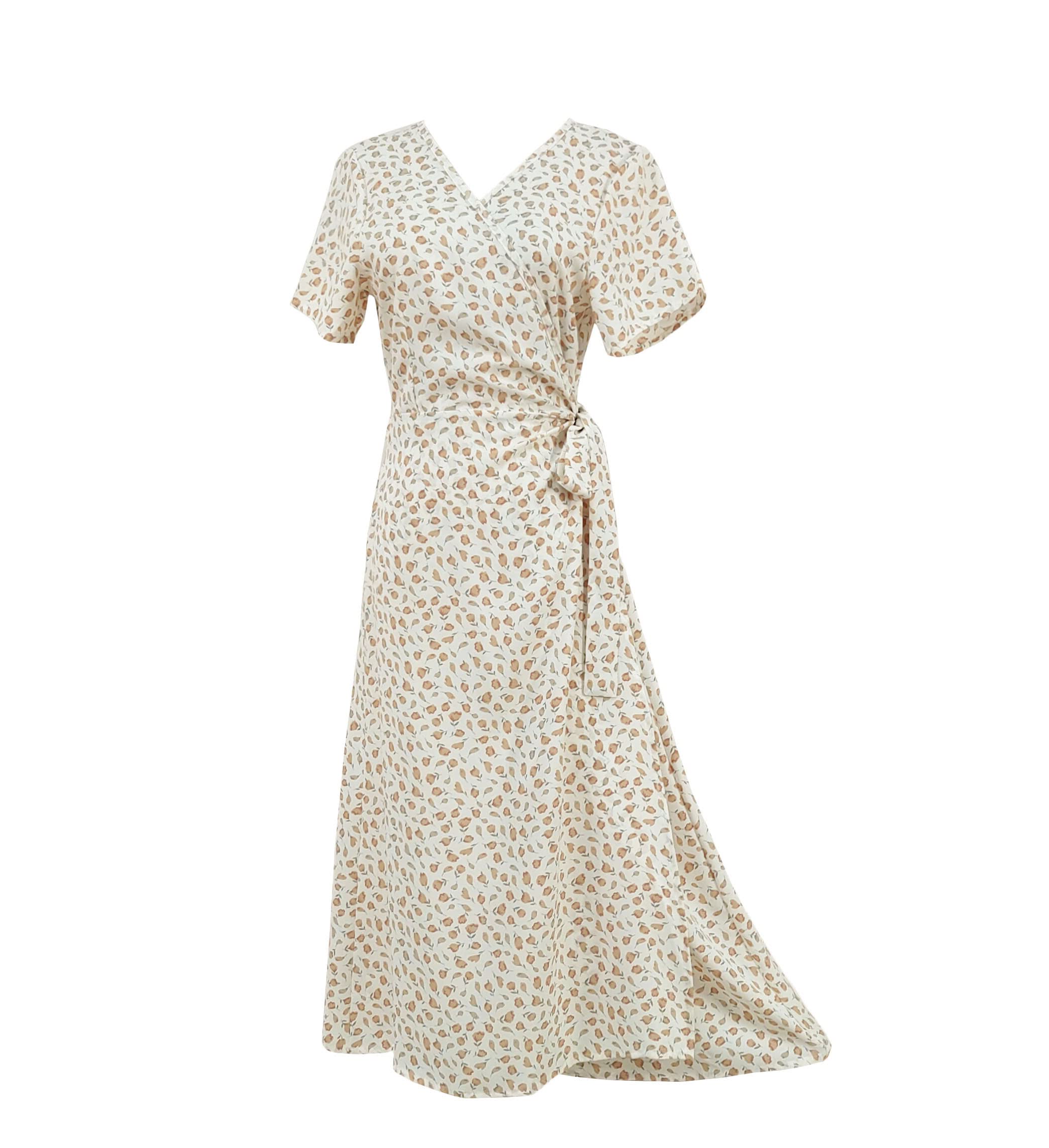 Vintage Floral Wrap Maxi Dress for Women Summer Short Sleeve Elegant Boho Dresses with Belted Waist