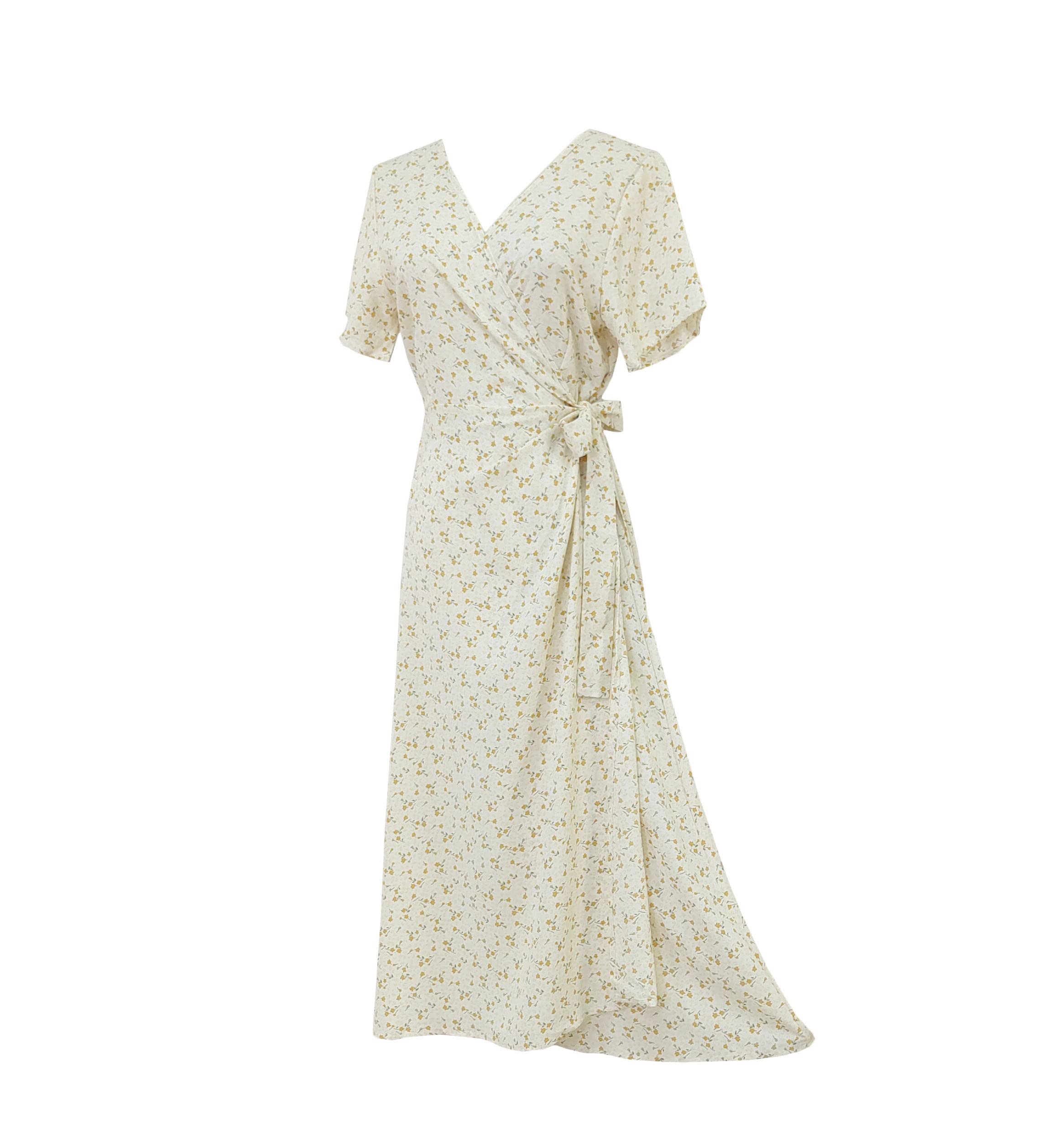 Vintage Floral Wrap Maxi Dress for Women Summer Short Sleeve Elegant Boho Dresses with Belted Waist