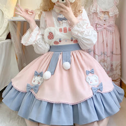 Cute Japanese Lolita Costume Plush Bear Pattern Suspender Skirt High Waist With Back Big Bow