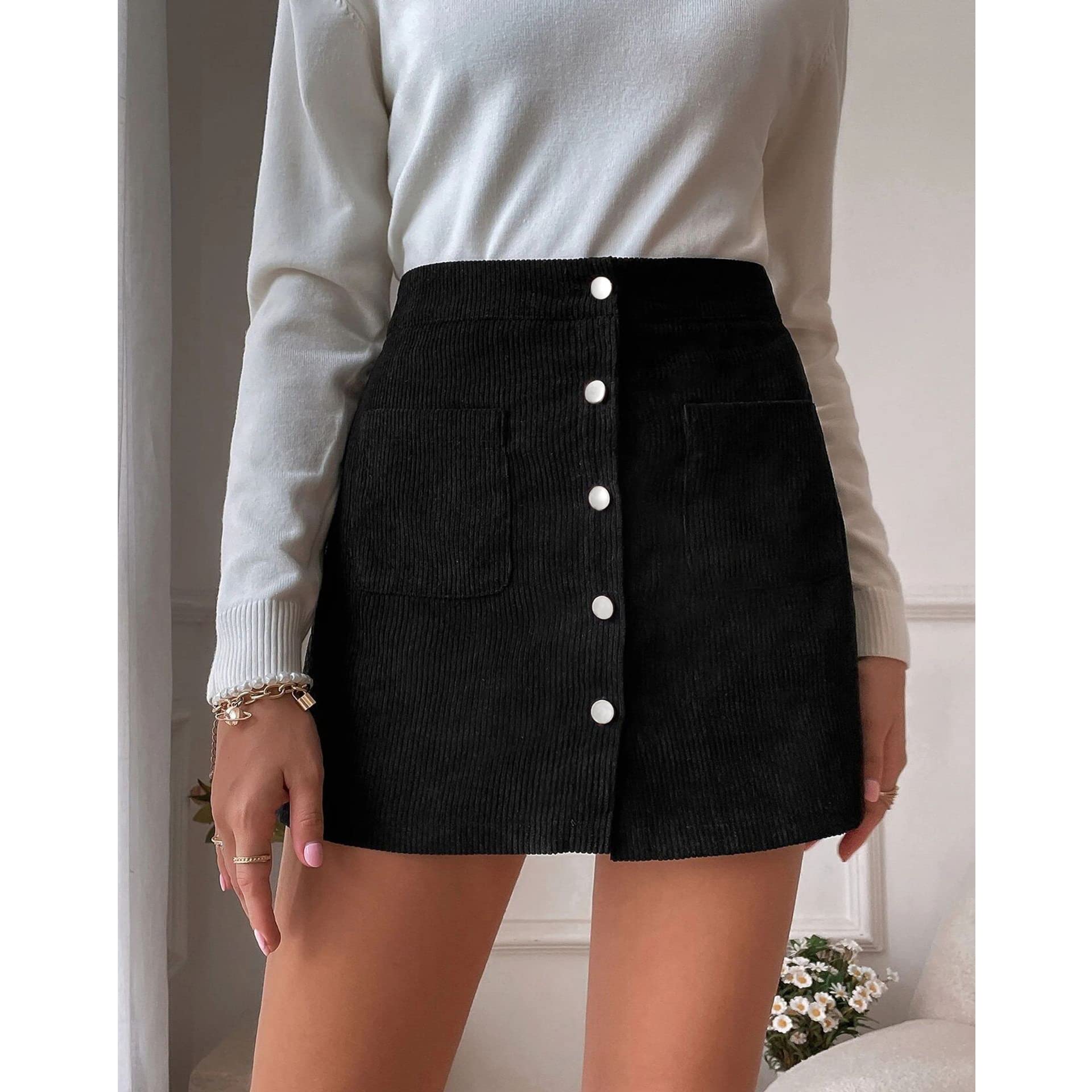 Black Short Corduroy Skirt For Ladies With Buttons Pockets A-line Skirts Casual