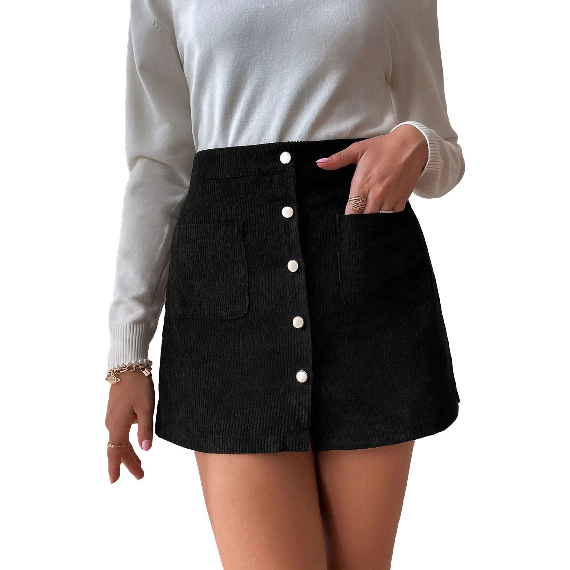 Black Short Corduroy Skirt For Ladies With Buttons Pockets A-line Skirts Casual