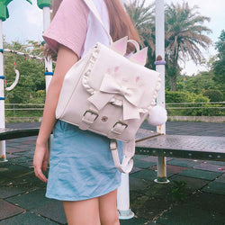 Women Lolita Backpack White Lovely Cat Embroidery Big Bowknot Sweet Cartoon PU Bag