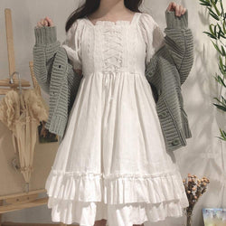 Puff Sleeve Light Blue Ruffle Midi Dress Sweet Vintage Square Neck Lolita Style