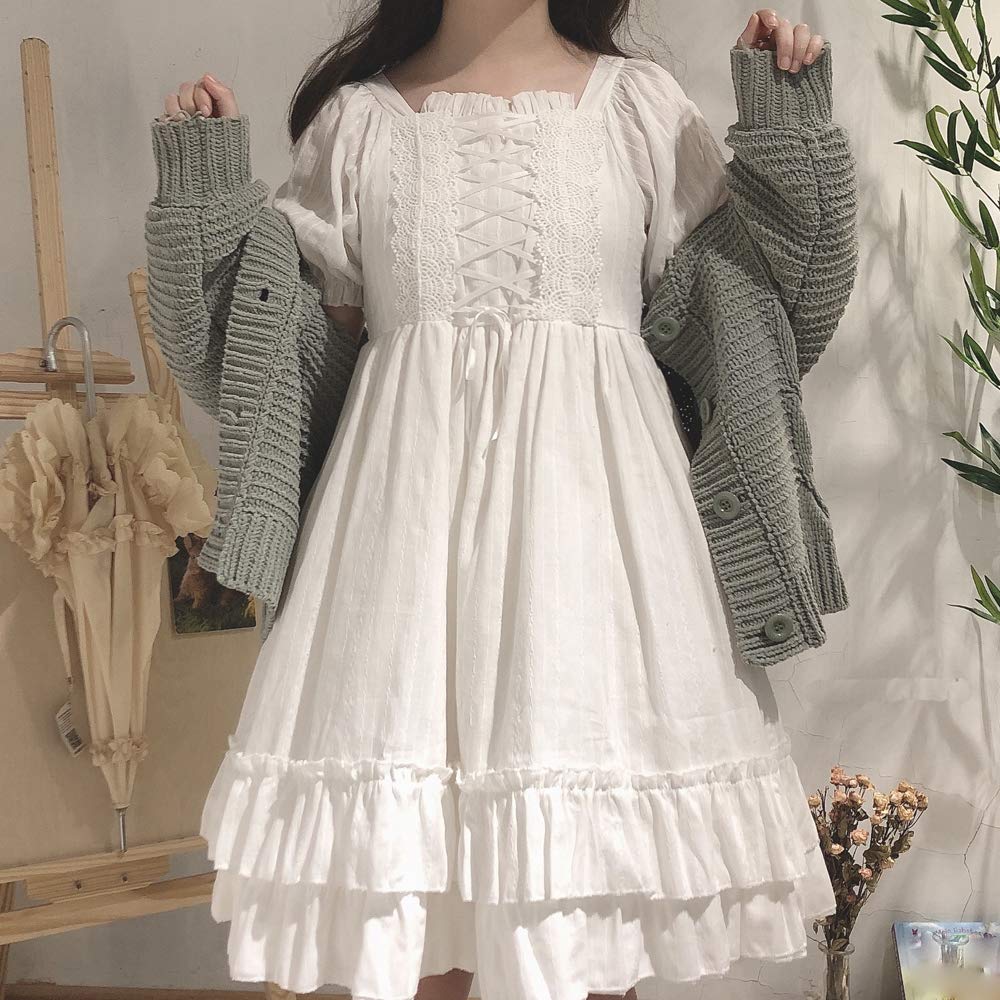Puff Sleeve Light Blue Ruffle Midi Dress Sweet Vintage Square Neck Lolita Style