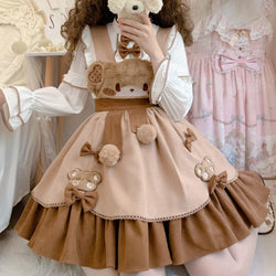 Cute Japanese Lolita Costume Plush Bear Pattern Suspender Skirt High Waist With Back Big Bow