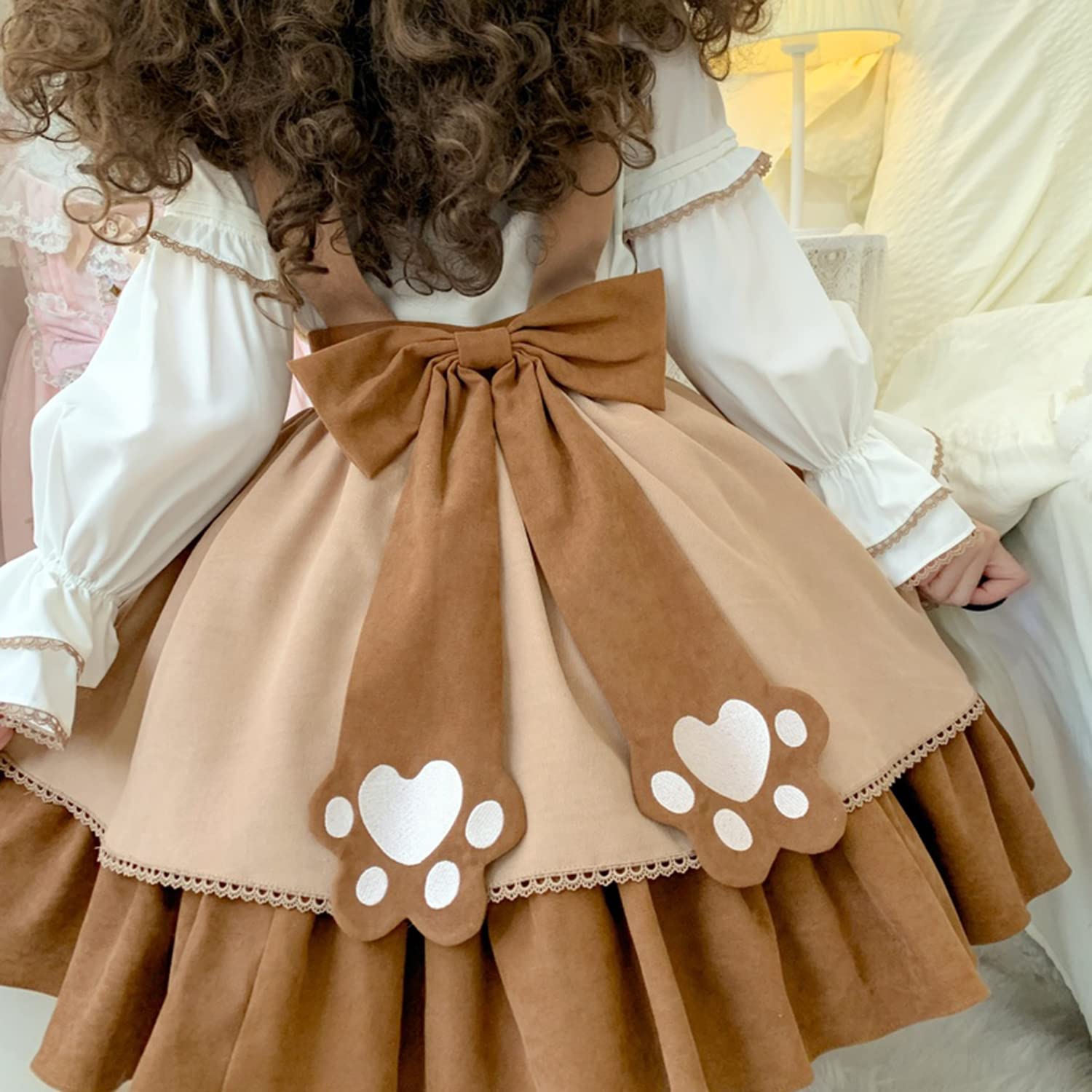 Cute Japanese Lolita Costume Plush Bear Pattern Suspender Skirt High Waist With Back Big Bow