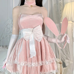 Velvet Rabbit Girl Costume Lingerie Charming Cosplay Dress with Ears Gloves Choker for Women