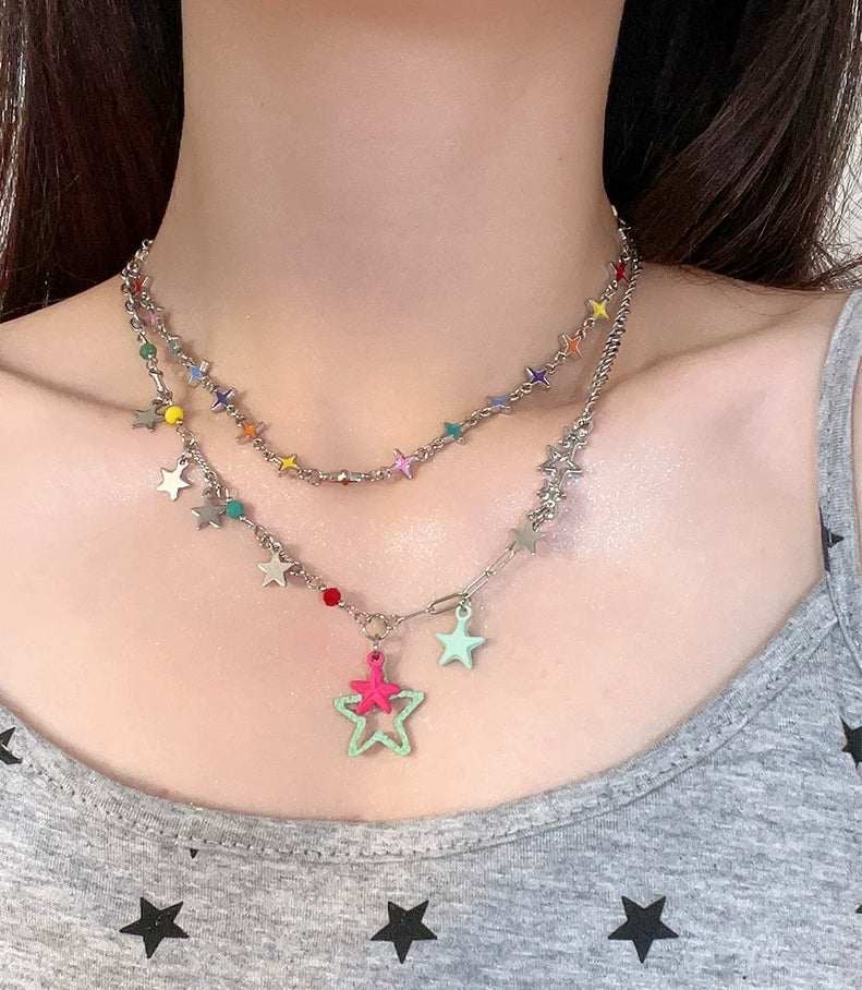 Kawaii Black Cat Rainbow Star Necklace Colorful Y2K Statement Jewelry Harajuku Style Layered Chain