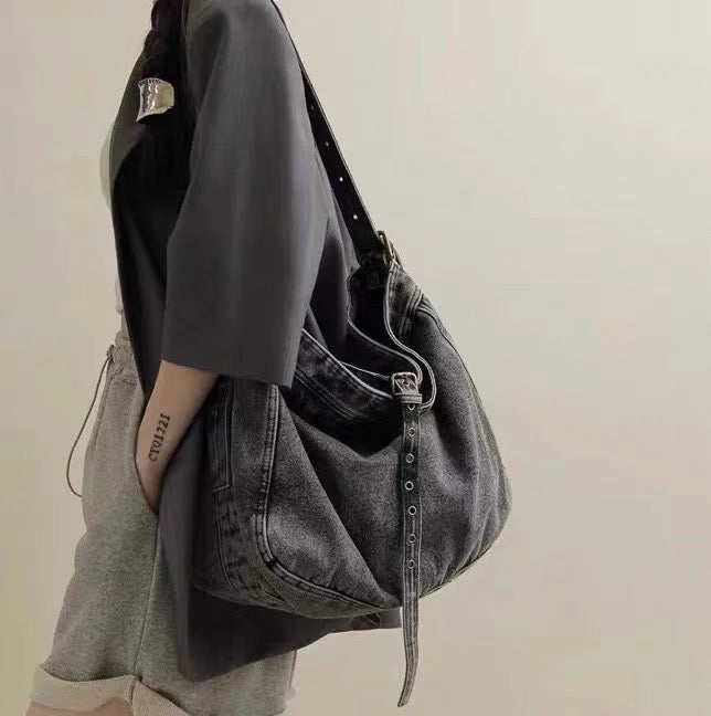 Washed Denim Tote Shoulder Bag Women Casual Slouchy Oversized Crossbody Handbag Large Capacity
