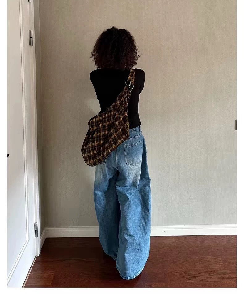 Street Fashion Teen Girl Cotton Tote Bag Cool Big Capacity Plaid Shoulder Bag For Female Student