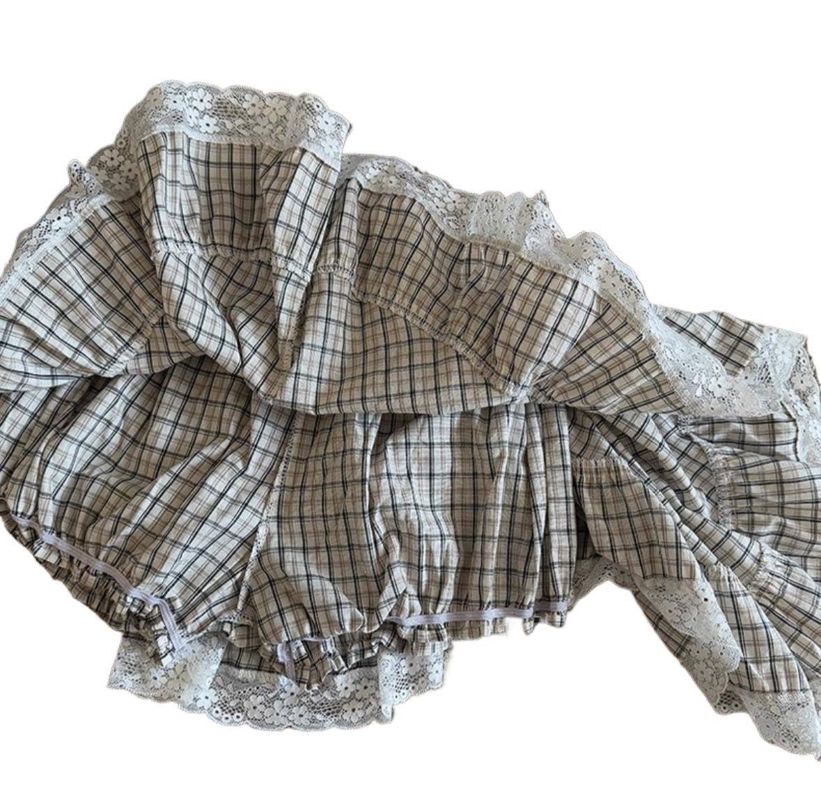 Y2K Plaid Mini Skirt Shorts for Women High Waist Ruffle Hem Lace Trim Skirt Pants with Built-in Safety Shorts