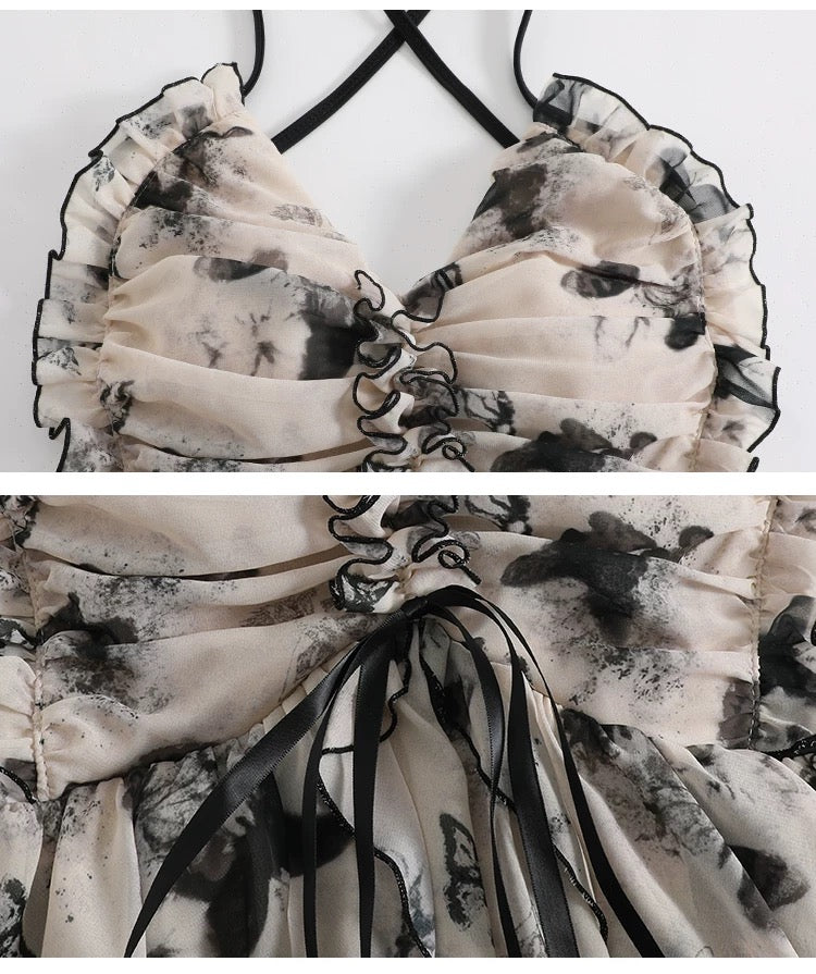 Korean Style Ins Butterfly Print Layered One-Piece Swimsuit with Back Tie Straps