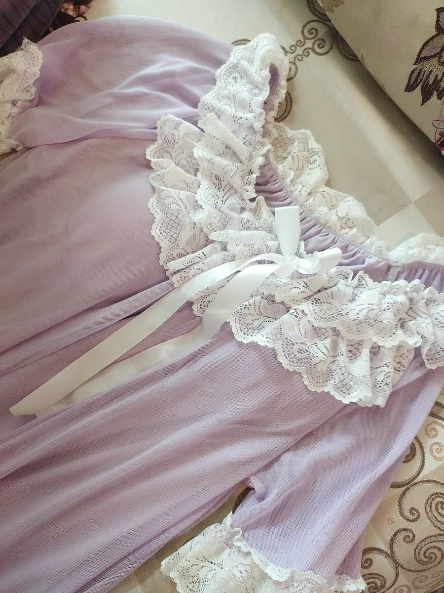 Sweet Princess Nightgown for Women Padded Chest Cotton Mesh Lace Fairy Sleep Dress Summer Lolita Palace Style Sleepwear
