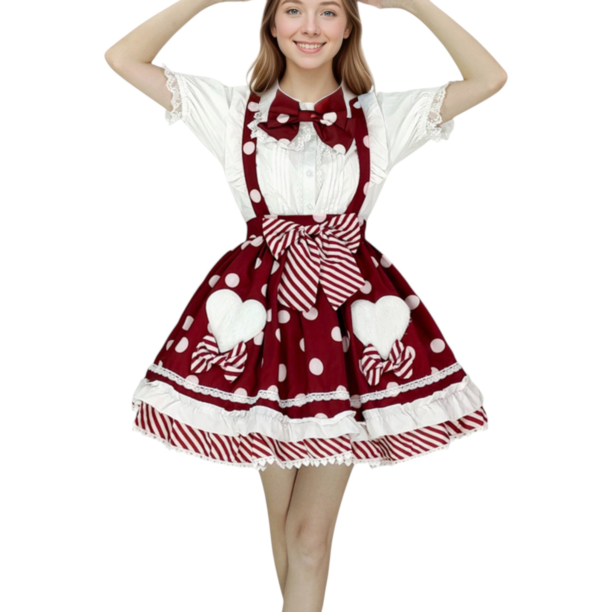 Sweet Polka Dot Lolita Skirt with Heart Pockets and Neck Bow Kawaii A-Line Ruffle Mini Skirt for Girls
