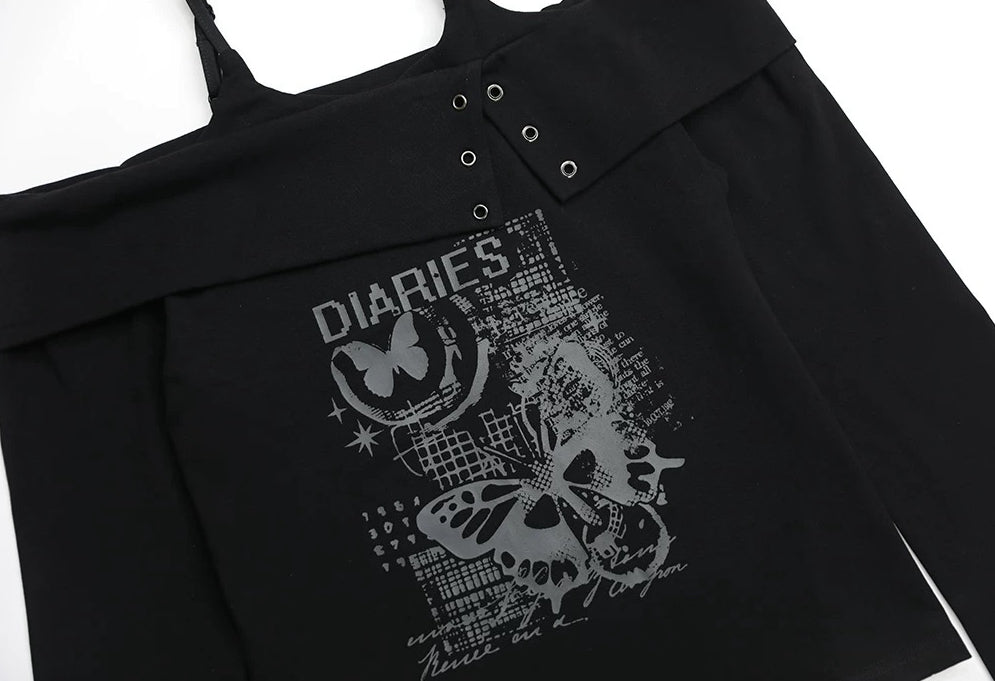 Gothic Off Shoulder Long Sleeve Top for Teens Slim Fit Black Blouse with Butterfly Print Y2K Sweet Punk Aesthetic