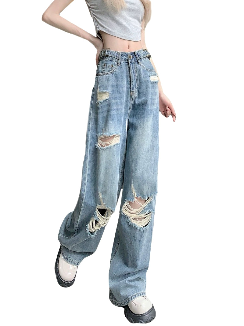 Plus Size Distressed Wide Leg Jeans for Women High Waist Loose Ripped Denim Pants