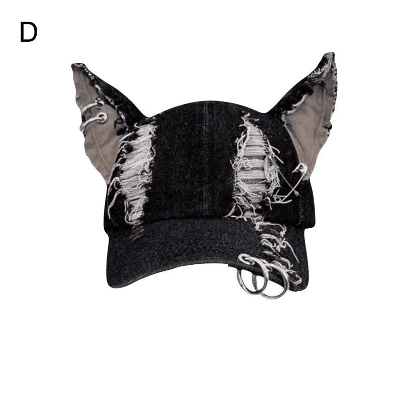 Cute Streetwear Bunny Ear Denim Baseball Cap Washed Graffiti Hip Hop Style Hat