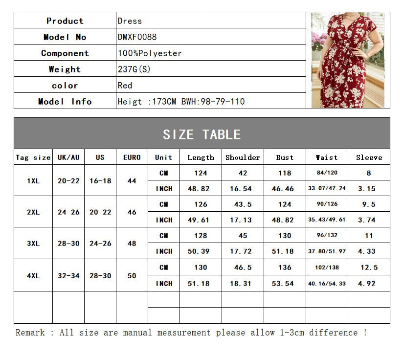 Plus Size Burgundy Floral Midi Dress for Women V-Neck Waist Tie Boho Loose Fit Dress