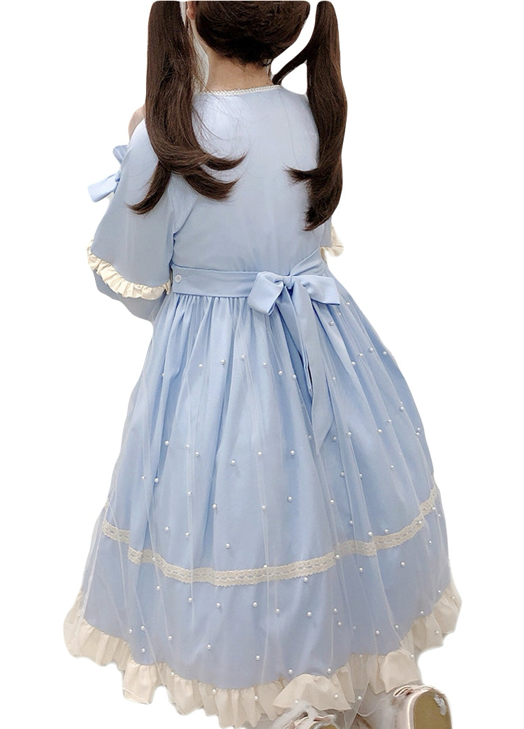 Sweet Lolita Pearl Bow Princess Dress Long Sleeve Japanese Style Mesh Overlay Pullover Kawaii Girl Outfit