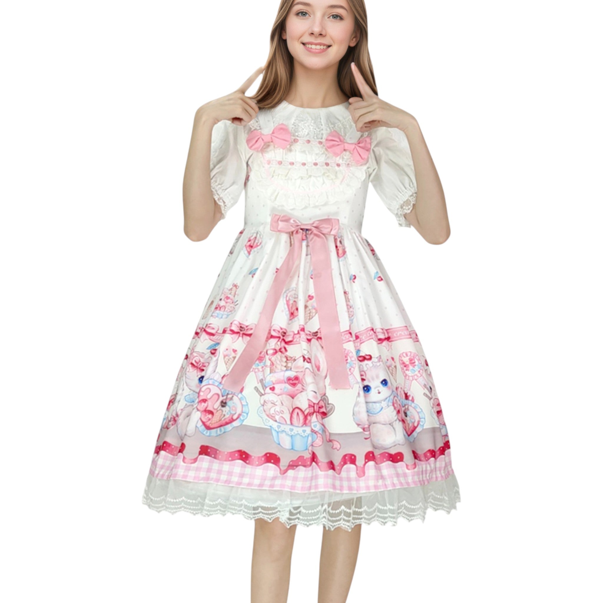 Kawaii Pink Kitty Print Lolita Dress with Lace Hem and Bow Sweet Short Sleeve JSK