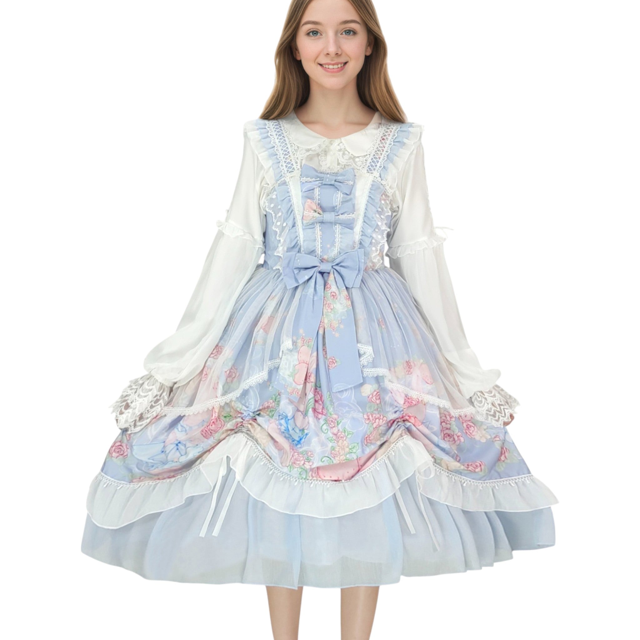 Sweet Lolita Cupcake Cat Print JSK Dress with Lace Ruffles Big Bow Kawaii Princess Style