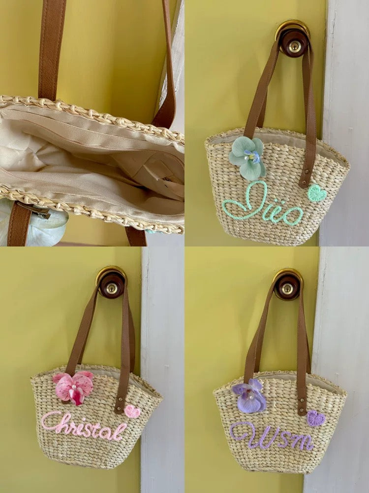 Custom Handwoven Straw Bag & Linen Slippers Set Personalized Summer Beach Tote Embroidered Slides Boho Vacation Gift
