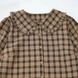 Vintage Plaid Peter Pan Collar Blouse Long Sleeve Button-Up Shirt with Ruffle Detail