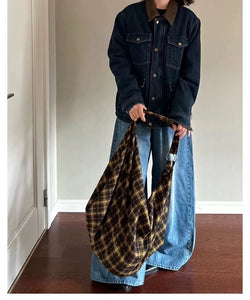 Street Fashion Teen Girl Cotton Tote Bag Cool Big Capacity Plaid Shoulder Bag For Female Student
