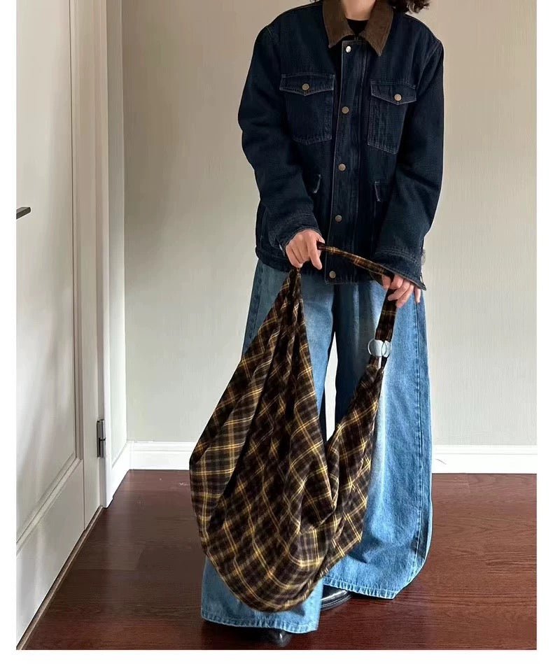 Street Fashion Teen Girl Cotton Tote Bag Cool Big Capacity Plaid Shoulder Bag For Female Student