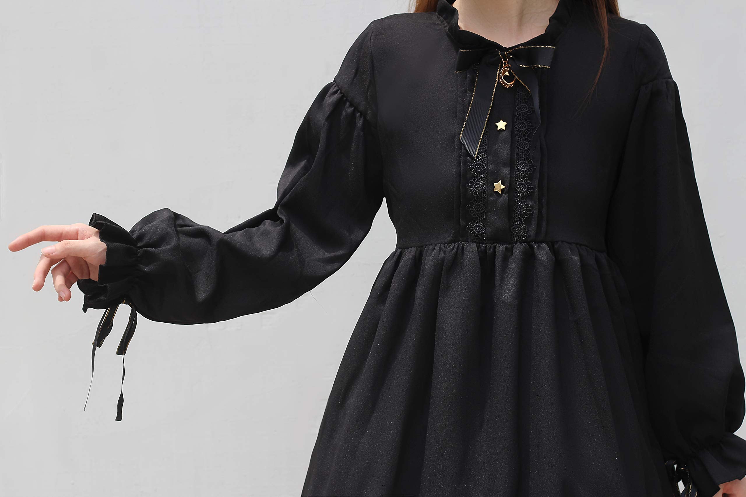 Gothic Lolita Black Dress for Women Long Sleeve Ruffled Moon Bow Dress Cute Kawaii Cosplay Outfit