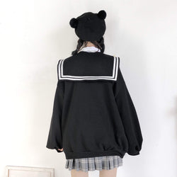 Harajuku Bat Sleeve Navy Sailor Collar Hooded Jacket For Girls With Zipper Loose Style Coat