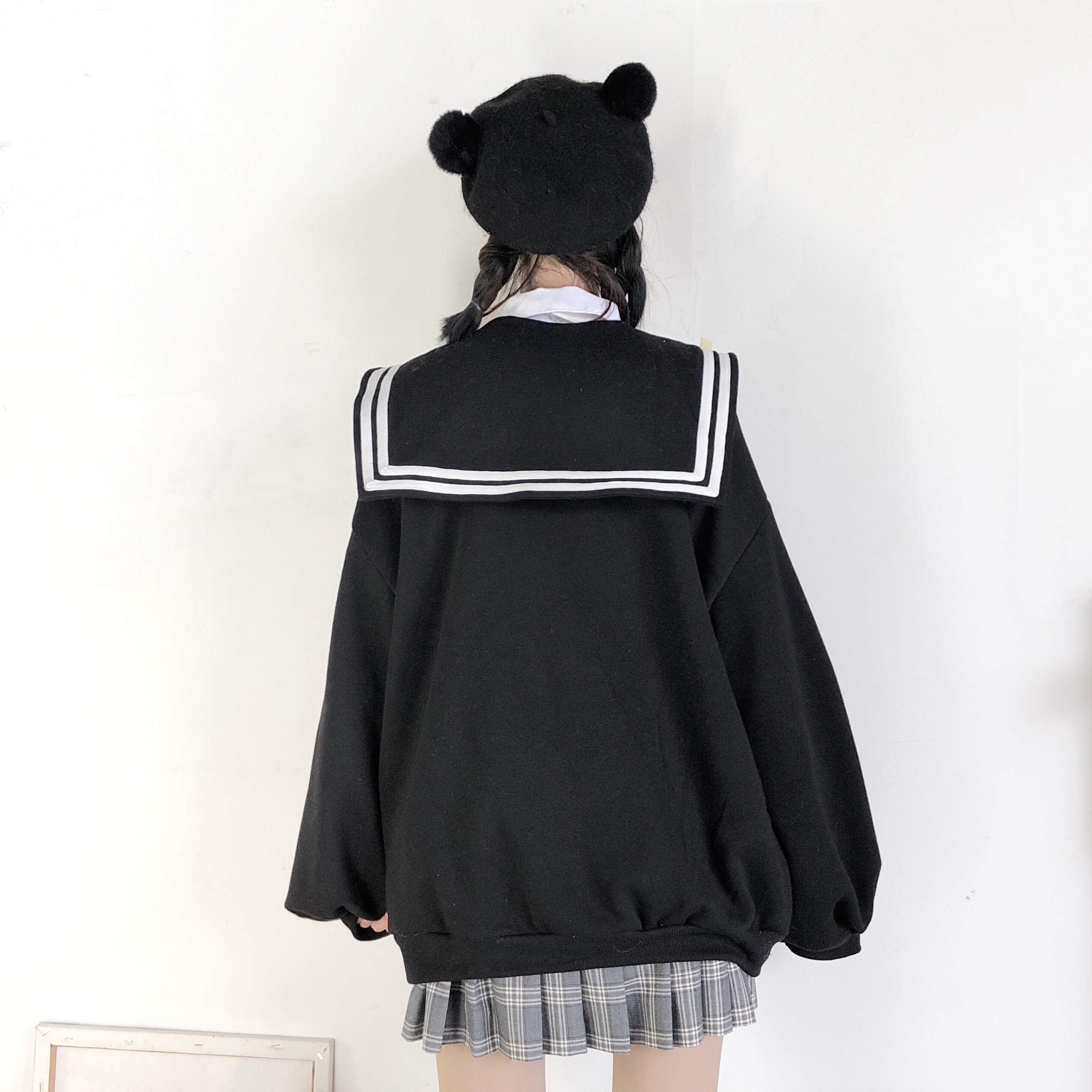 Harajuku Bat Sleeve Navy Sailor Collar Hooded Jacket For Girls With Zipper Loose Style Coat