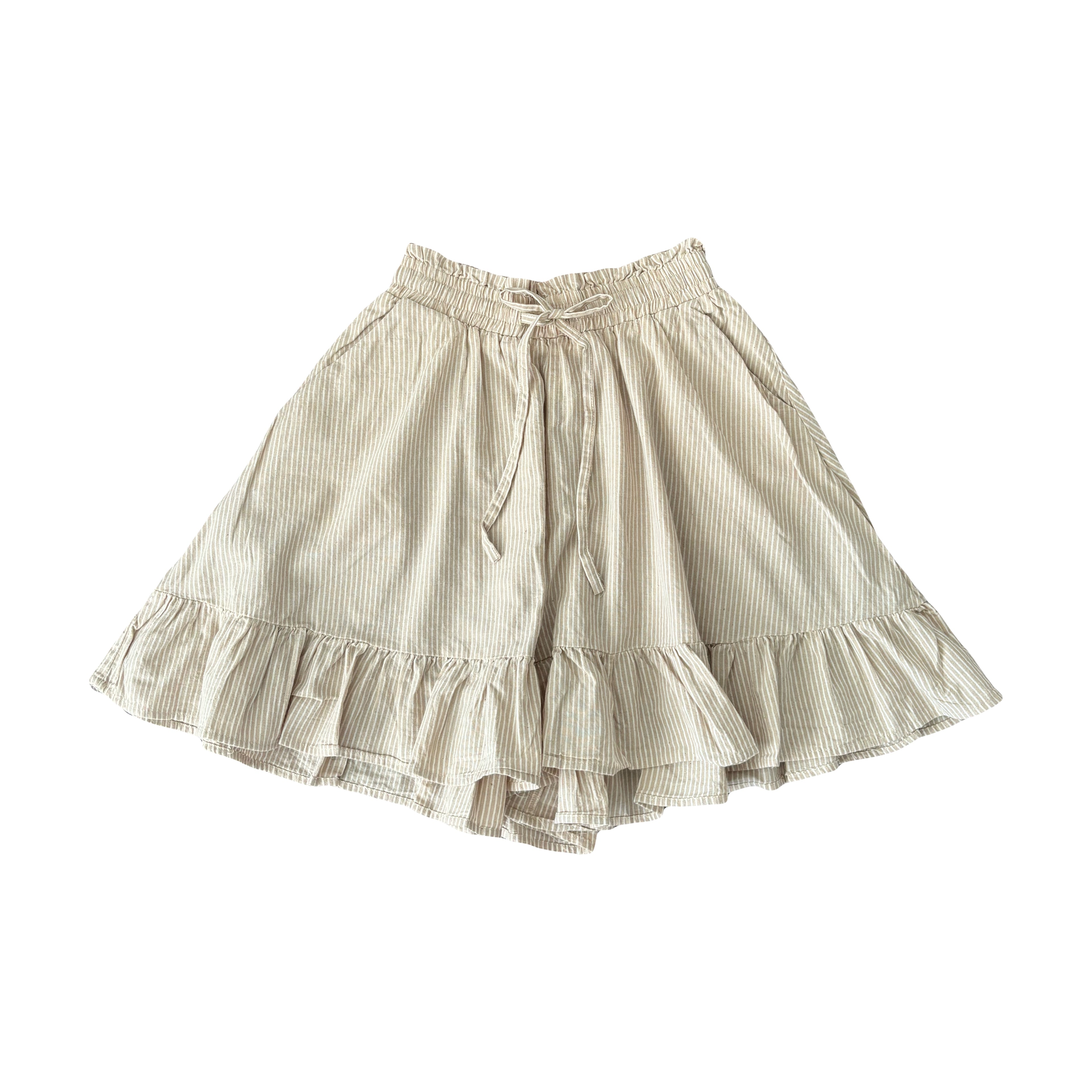 Women tan strip ruffle cotton A-line skort