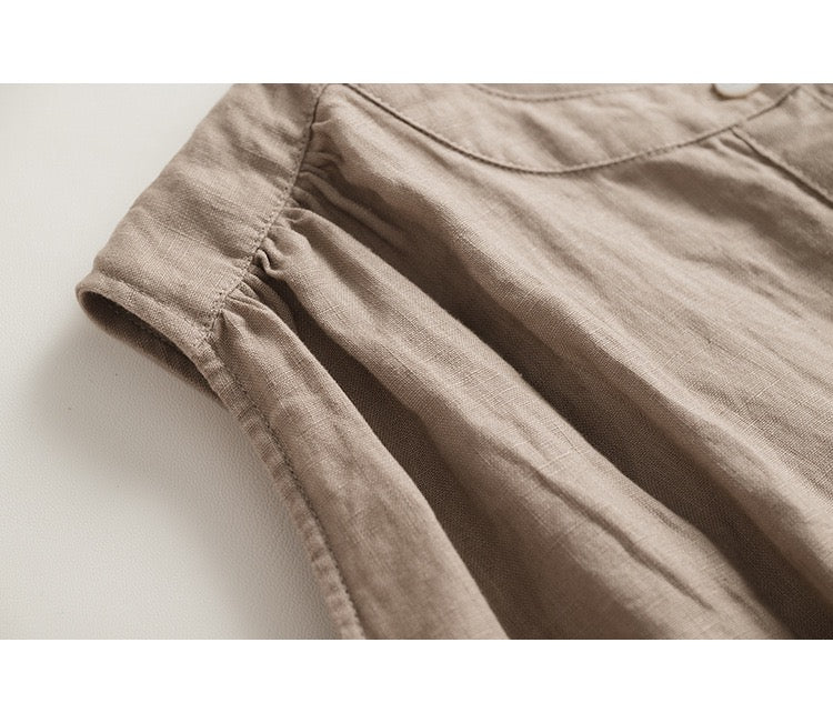 Japanese Style 100% Linen Pleated Shirt Dress Sleeveless Long Vintage Sundress with Button Front