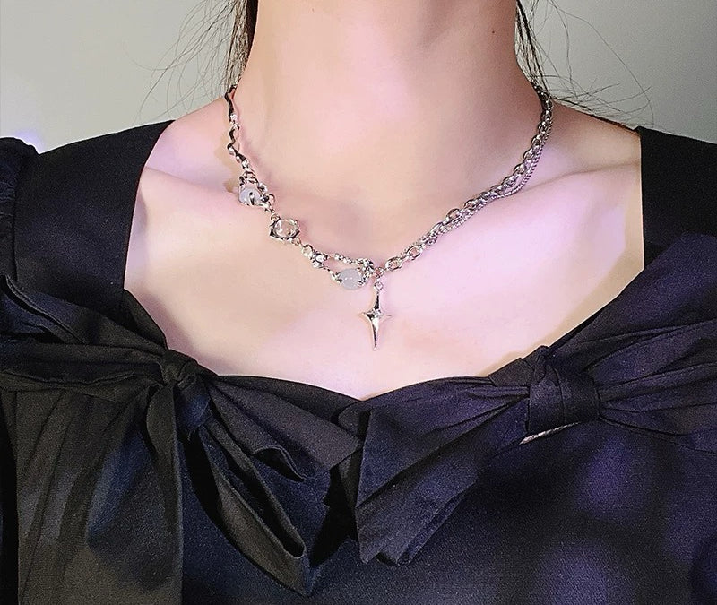 Minimalist Irregular Gothic Butterfly Chain Necklace Safety Pins Punk Emo Layered Choker Futuristic Silver Statement