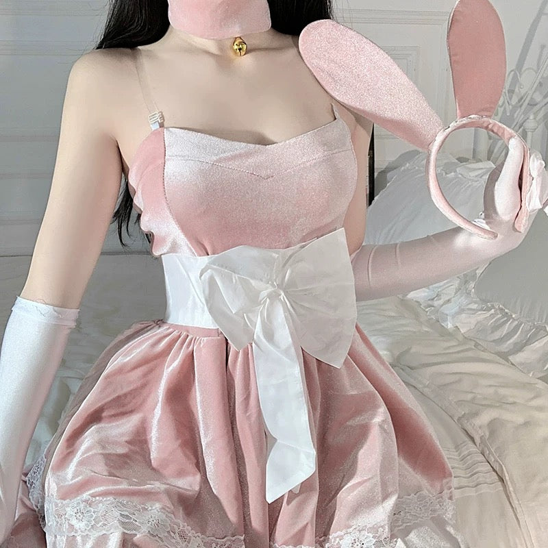 Velvet Rabbit Girl Costume Lingerie Charming Cosplay Dress with Ears Gloves Choker for Women