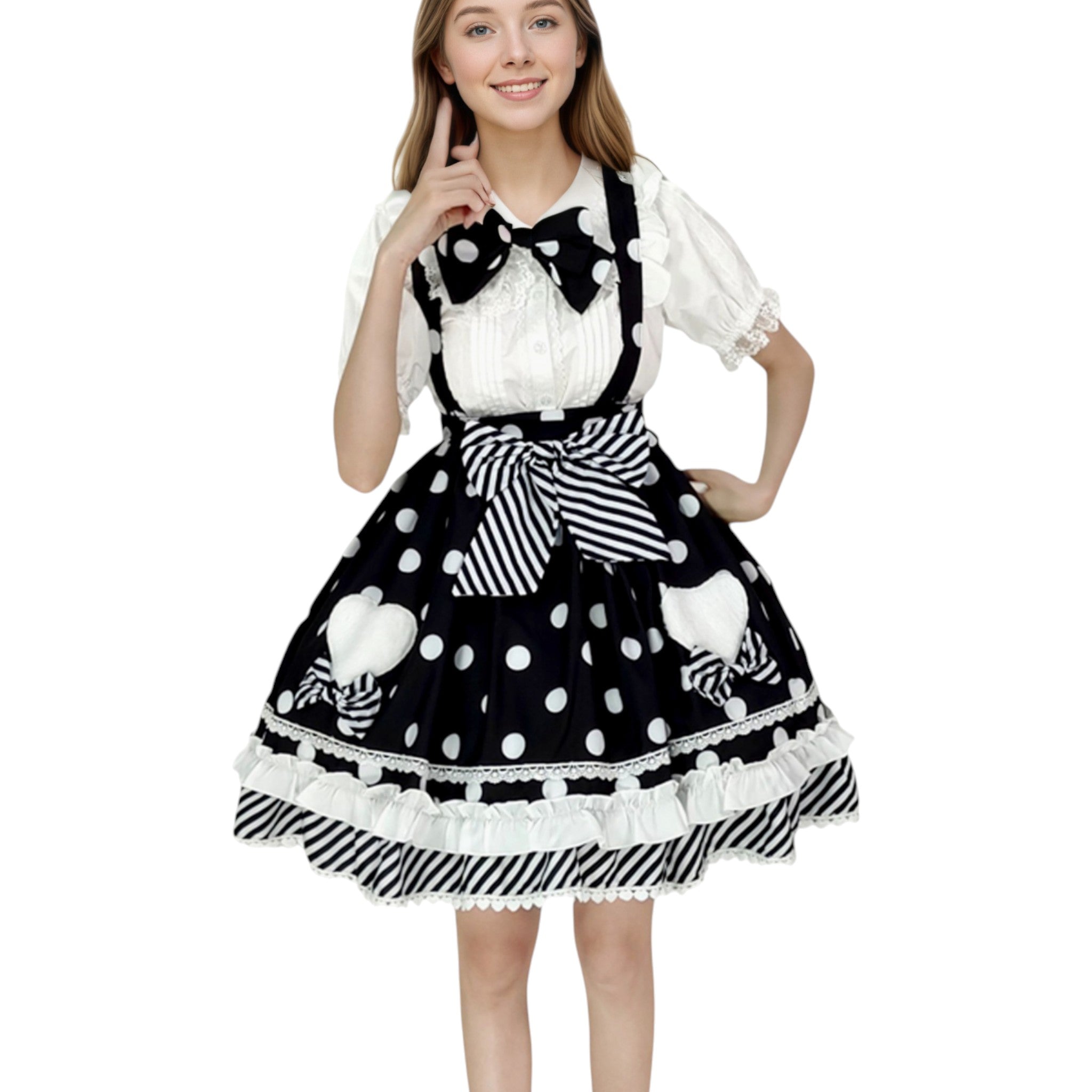 Sweet Polka Dot Lolita Skirt with Heart Pockets and Neck Bow Kawaii A-Line Ruffle Mini Skirt for Girls