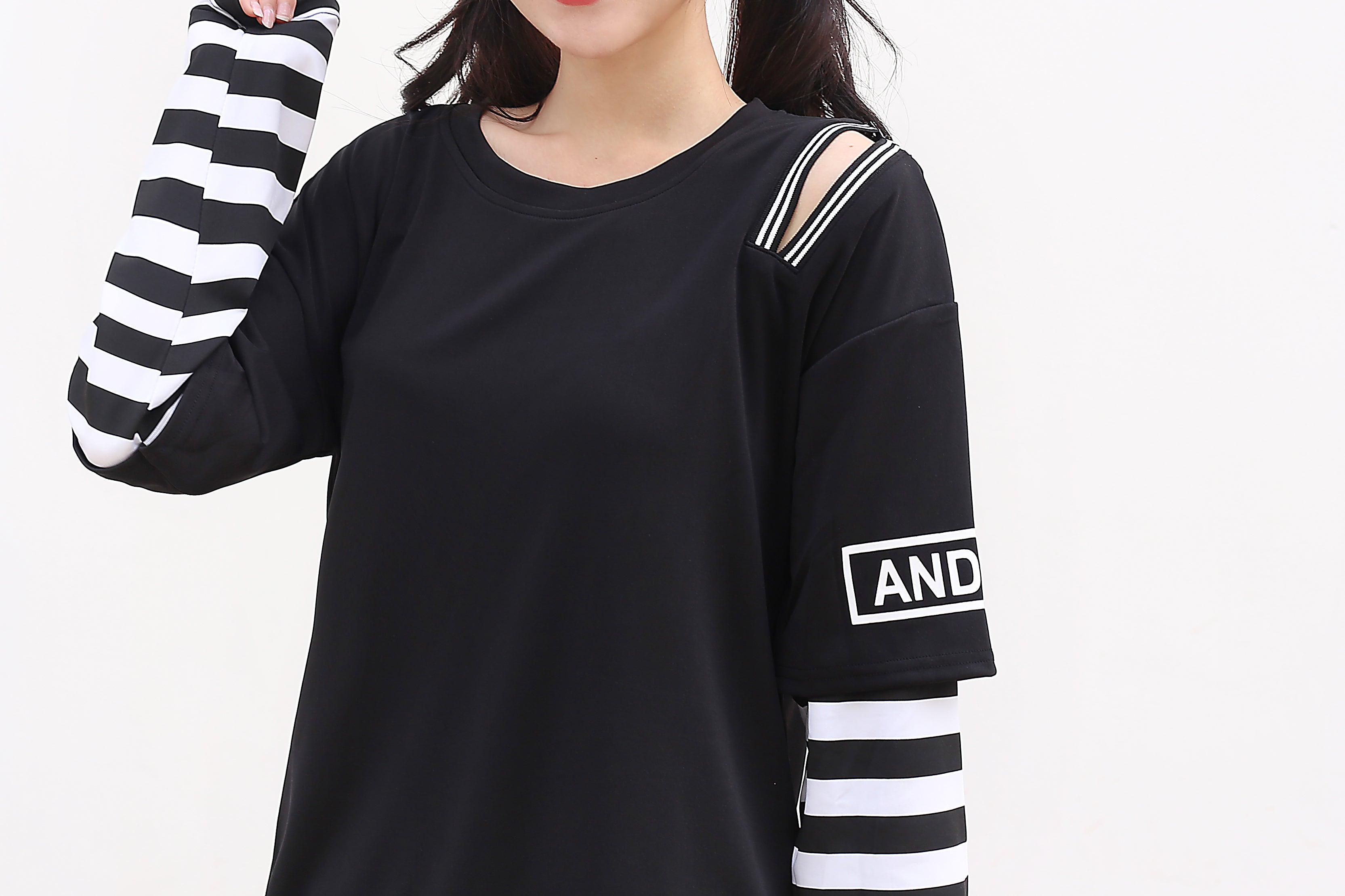 Kawaii Cold Shoulder Striped Long Sleeve Top Harajuku Oversized Fake Two-Piece T-Shirt