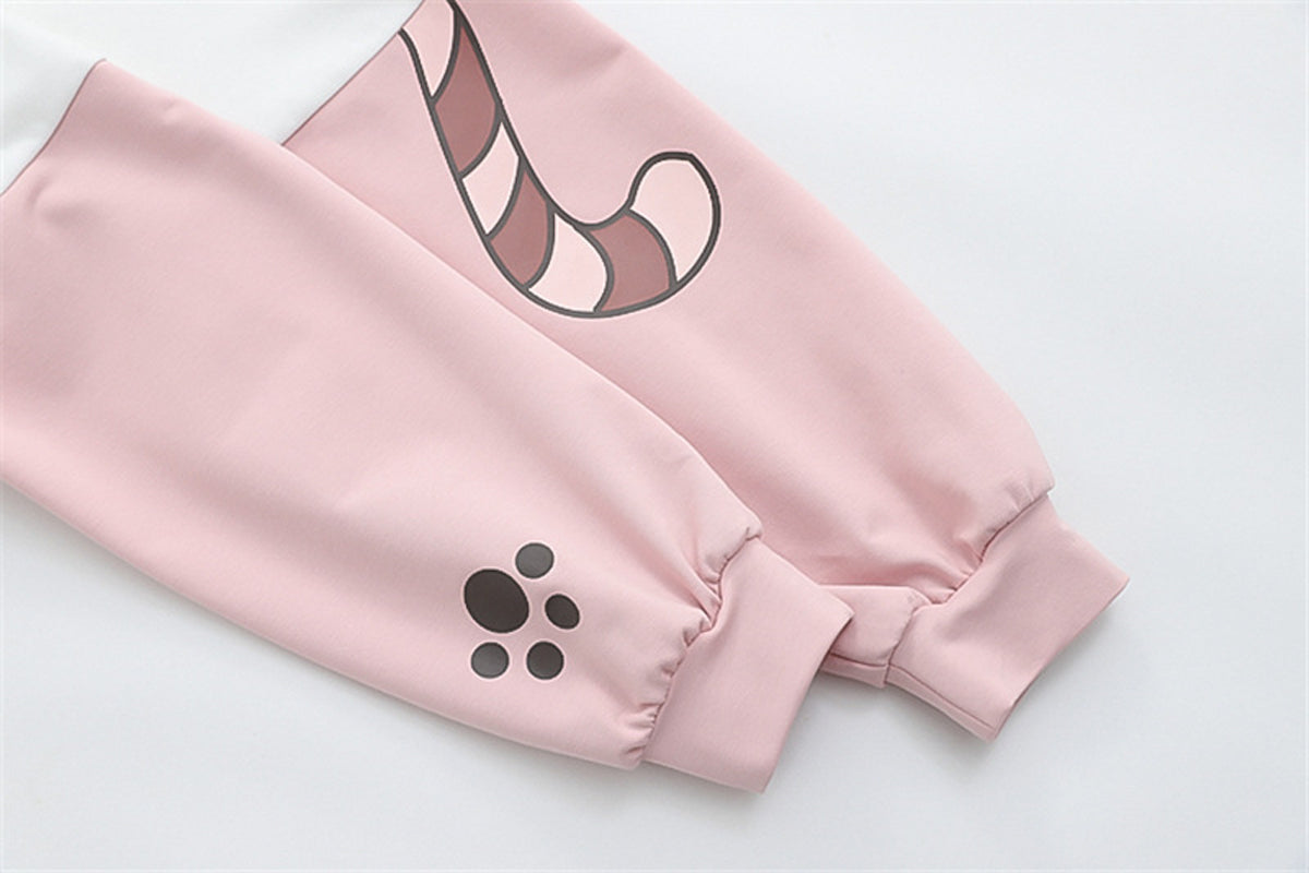 Kawaii Cat Ears Hoodie for Girls Japanese Cartoon Pullover with Paw & Tail Print