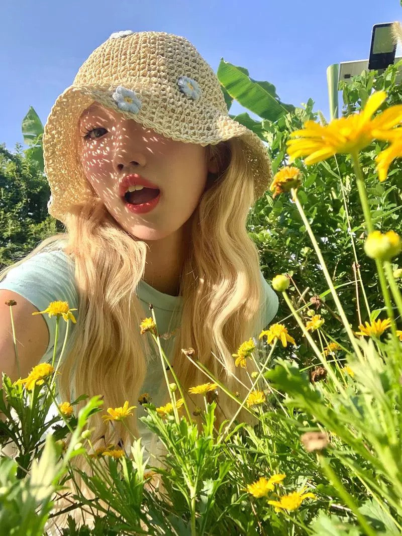 Hollow Out Straw Bucket Hat for Women Summer Beach Sun Hat Breathable Woven Fisherman Cap