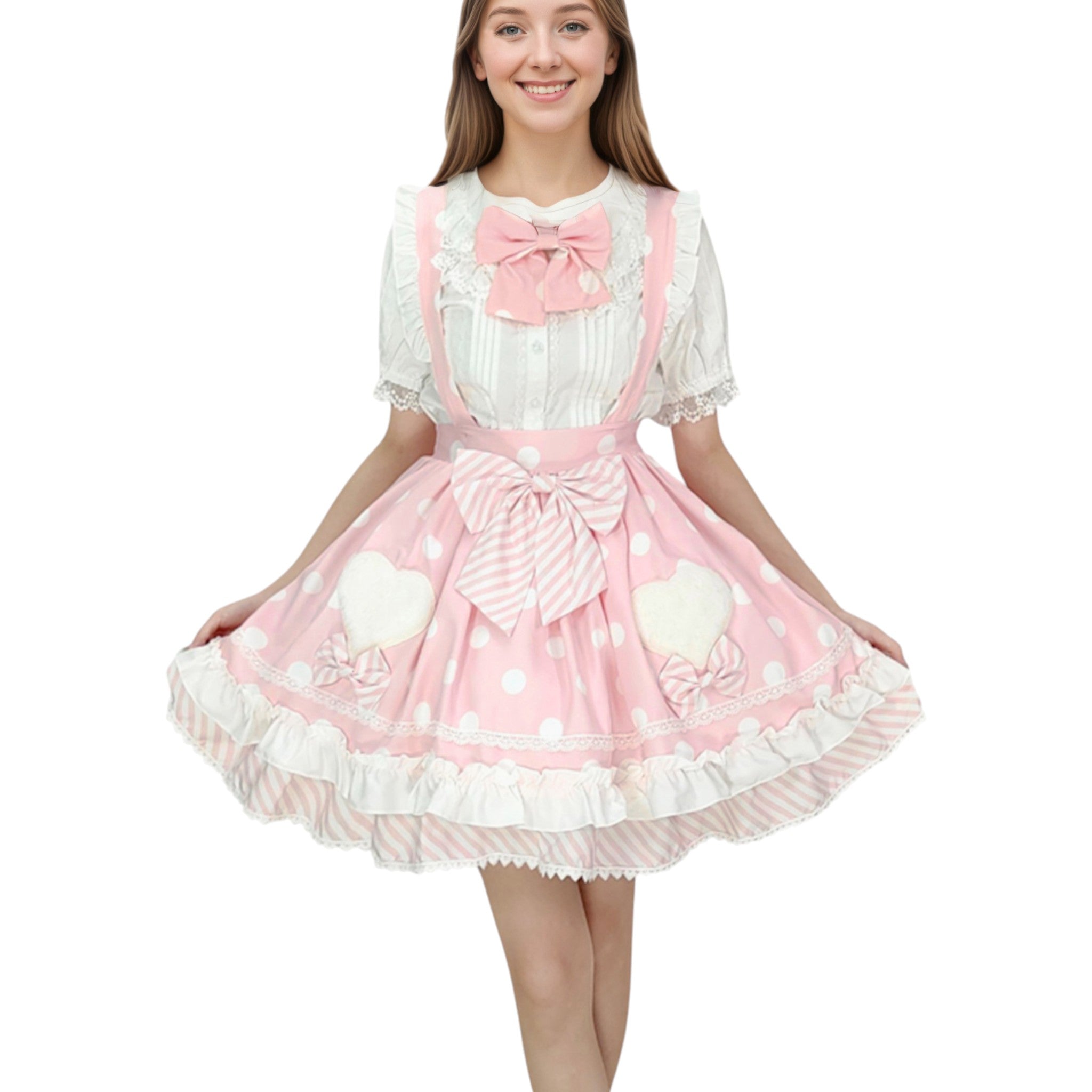 Sweet Polka Dot Lolita Skirt with Heart Pockets and Neck Bow Kawaii A-Line Ruffle Mini Skirt for Girls