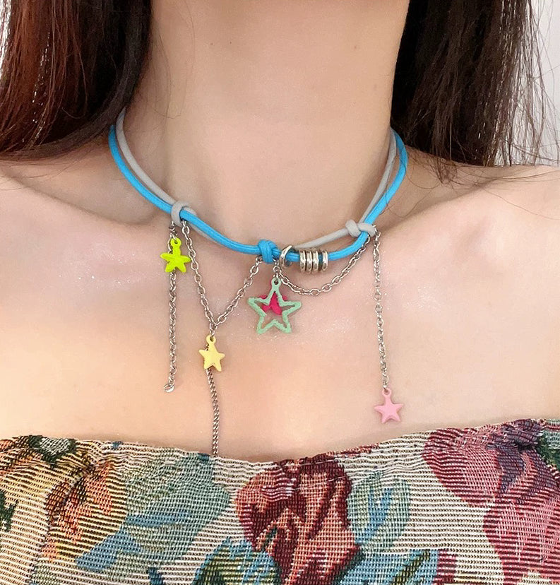 Kawaii Black Cat Rainbow Star Necklace Colorful Y2K Statement Jewelry Harajuku Style Layered Chain