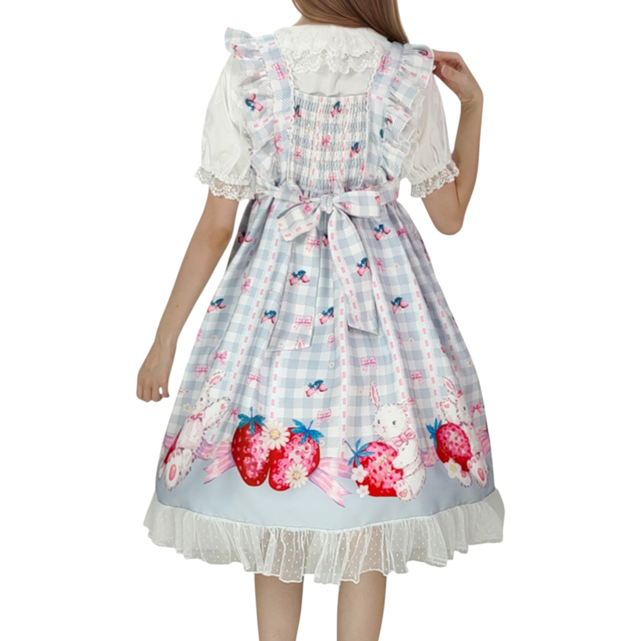 Kawaii Rabbit Strawberry Plaid Lolita JSK Dress with Gingham Print Lace Trim