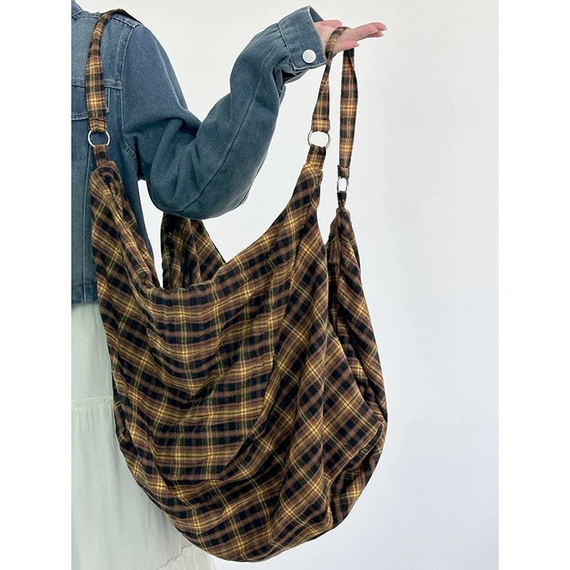 Street Fashion Teen Girl Cotton Tote Bag Cool Big Capacity Plaid Shoulder Bag For Female Student